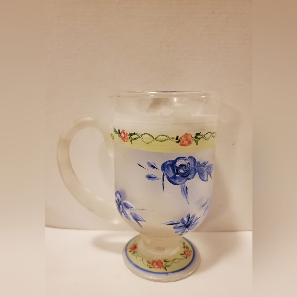 Vintage Frosted Satin Glass Hand Painted Footed Floral Cup/Mug Antique